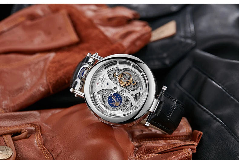 Rosales X Obando Tourbillon Hollowed Mechanical Wristwatch Watch Men Automatic Moon Phases Transparent Skeleton Mechanical Watch Leather Male