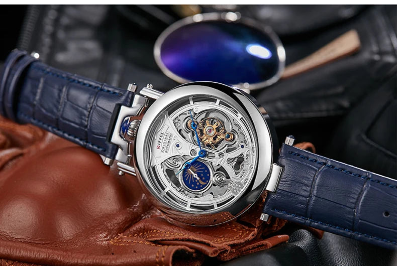 Rosales X Obando Tourbillon Hollowed Mechanical Wristwatch Watch Men Automatic Moon Phases Transparent Skeleton Mechanical Watch Leather Male