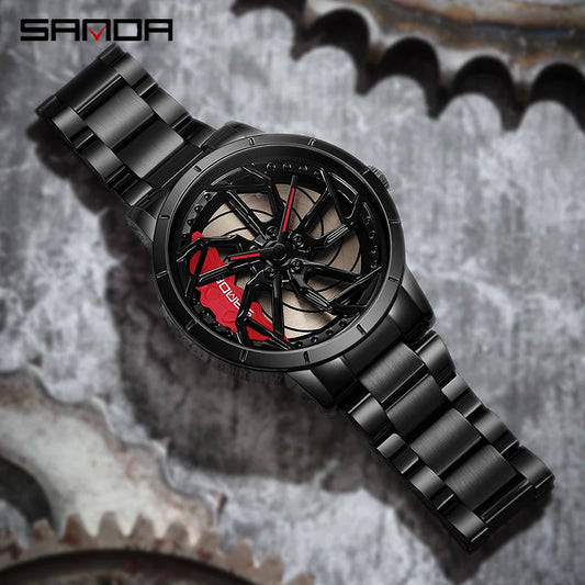 SANDA X  ROSALES X OBANDO GTR Mens Racing Watch Fashio Brake Caliper Quartz Watches Stainlessn Red Steel Strap 30M Water Resistant Reloj Hombre